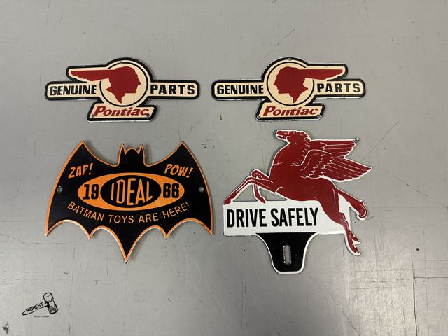 Lot 91-6187 - 4 METAL PORCELAIN SIGNS - ALL DIFFERENT SIZES - 1966 IDEAL - DRIVE SAFELY - GENUINE PARTS PONTIAC