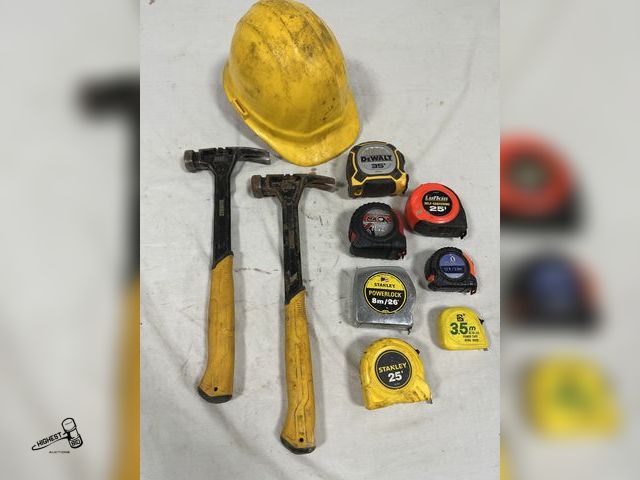 Lot 91-7724 - 2 DEWALT 22 OZ HAMMERS - 7 TAPE MEASURES - YELLOW HARD HELMET