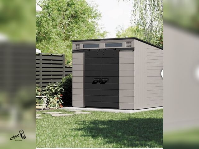 Lot 91-8261 - SUNCAST MODERNIST 8' X 7' DUAL BARN DOOR STORAGE SHED - Multi-Wall Resin Panels are Engineered for S...