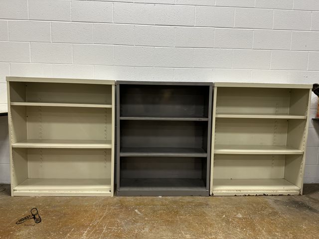 Lot 91-8274 - 3 METAL DISPLAY SHELVES - SHELVES ARE ADJUSTABLE HEIGHTS 36" WIDE X 42" TALL X 12" DEEP - COULD BE H...