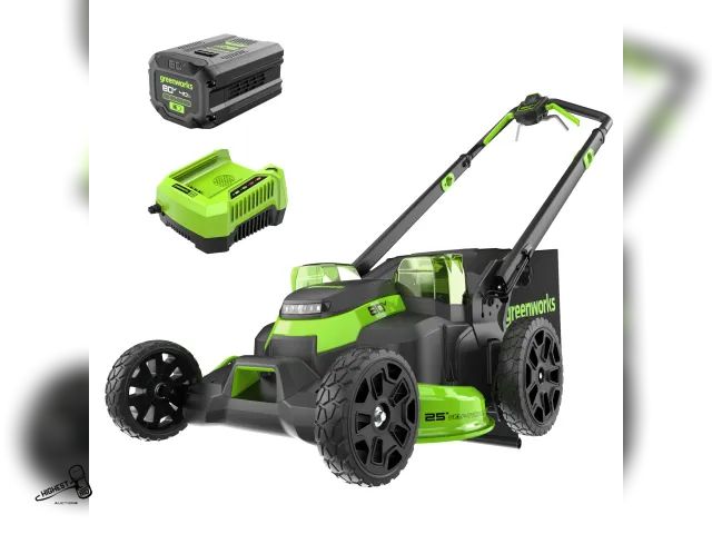 Lot 91-7010 - GREENWORKS Self-Propelled Lawn Mower GREENWORKS 80V 25" CORDLESS BATTERY DUAL BLADE SELF PROPELLED M...