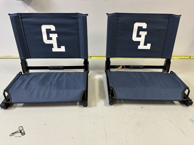 Lot 91-10383 - 2 BLUE STADIUM BLEACHER CHAIRS FOLDABLE WITH CARRYING HANDLE