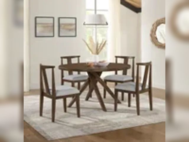 Lot 91-6529 - BIRKDALE 5 PIECE DINING TABLE SET - CONSTRUCTED OF MINDI VENEER - CHAIRS UPHOLSTERED IN LIGHT GRAY F...