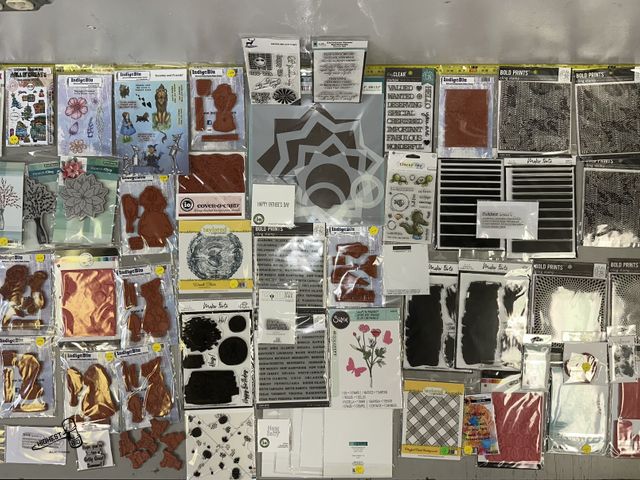 Lot 91-8392 - New TABLE FULL OF CRAFTING &amp; SCRAPBOOK SUPPLIES - 73 NEW PACKAGES - STAMPS &amp; DIES