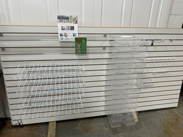 Lot 91-8210 - SLATWALL PANELS WHITE - 40 FOOT LENGTH OF DISPLAY  - INCLUDES 12 - CLEAR CARD HOLDERS 4' LONG &amp; ...