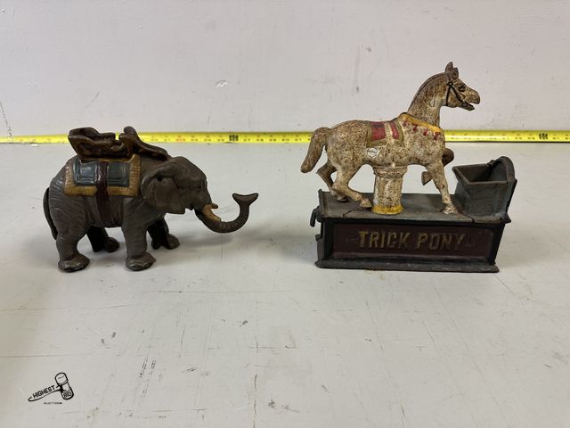 Lot 91-10472 - VINTAGE TRICK PONY CAST IRON MECHANICAL BANK &amp; HAND PAINTED CAST-IRON ELEPHANT MECHANICAL COIN B...