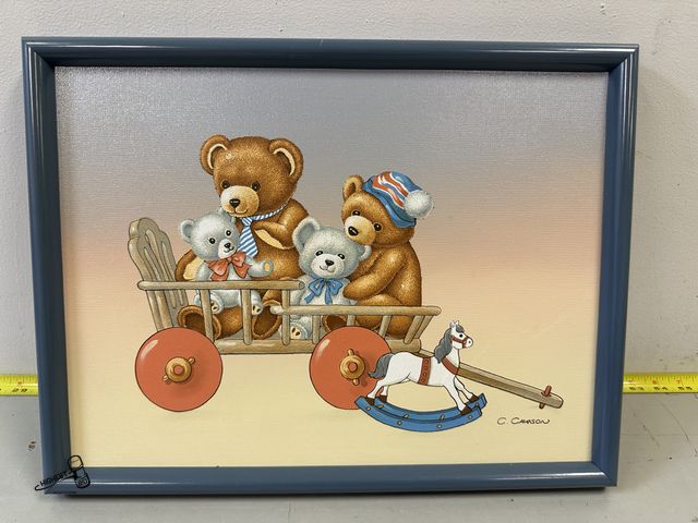 Lot 91-7383 - C. CARSON OIL PAINTING NO 11741 "TEDDY BEARS IN WAGON ROCKING HORSE" 13" X 17" IN BLUE FRAME - FROM ...