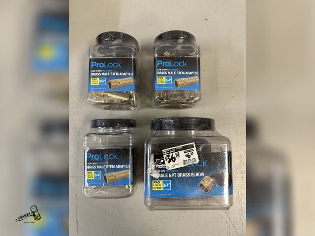 Lot 91-8167 - SHARK BITE PRO LOCK - 3/4" FEMALE NPT BRASS ELBOW &amp; 3/4" BRASS MALE STEM ADAPTER - 4 NEW CONTAIN...