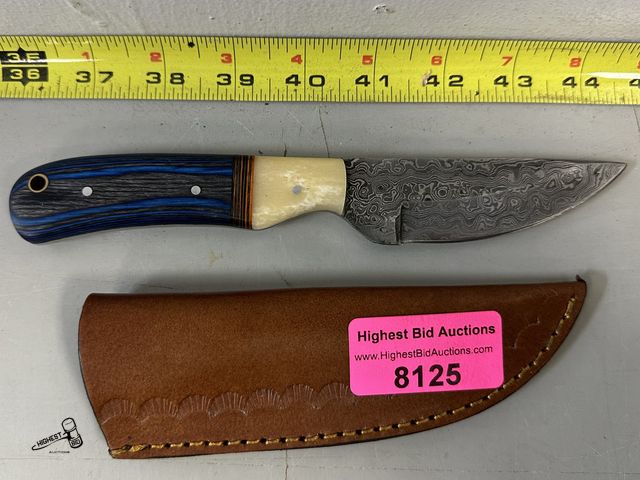 Lot 91-8125 - 8 1/2" DEMASCUS KNIFE WITH LEATHER CASE