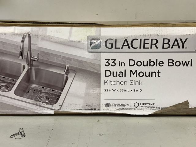 Lot 91-8917 - New MSRP$ 229.00 GLACIER BAY 33IN DOUBLE BOWL DUAL MOUNT KITCHEN SINK 22"W X 33"L X 9"D BRUSHED STAI...