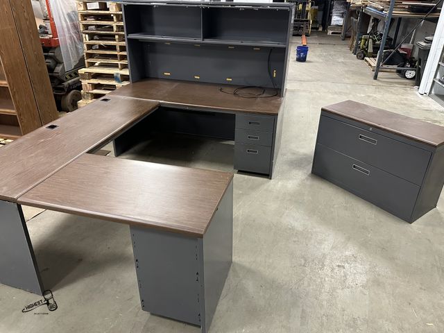 Lot 91-8404 - INDUSTRIAL OFFICE U-SHAPED DESK WITH 2 DOOR HUTCH &amp; 42" 2 DRAWER LATERAL FILING CABINET TOTAL U ...