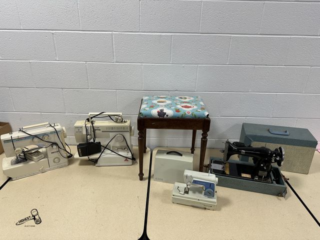 Lot 91-10351 - SEWING MACHINE COLLECTION 4 MACHINES &amp; SEWING BENCH WITH TRAY UNDER SEAT - MONTGOMERY WARD - SIN...