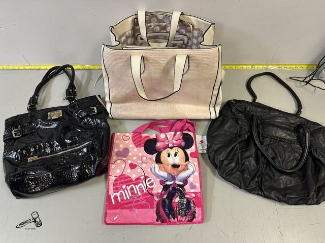 Lot 91-9715 - 1BLACK BONGO PURSE, 1BLACK ANEE KLEIN PURSE, 1MINI MOUSE PLASTIC BAG, 1 PINK AND TAN PURSE