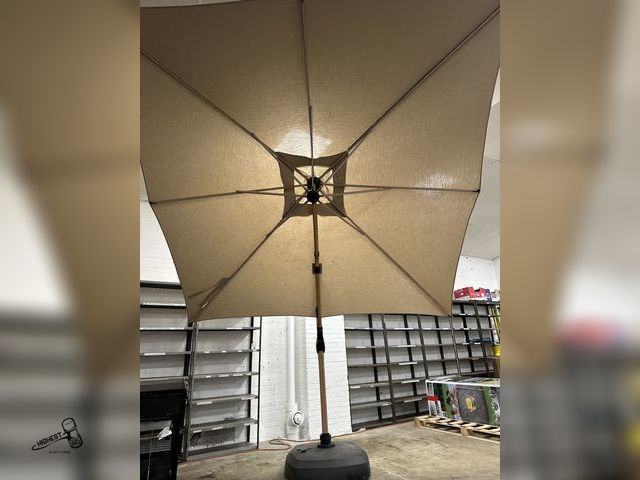 Lot 91-5669 - PROSHADE 10FT SQUARE LED WOOD LOOK CANTILEVER UMBRELLA WITH ROLLING BASE - SLIDER CAN EASILY MOVE UP...