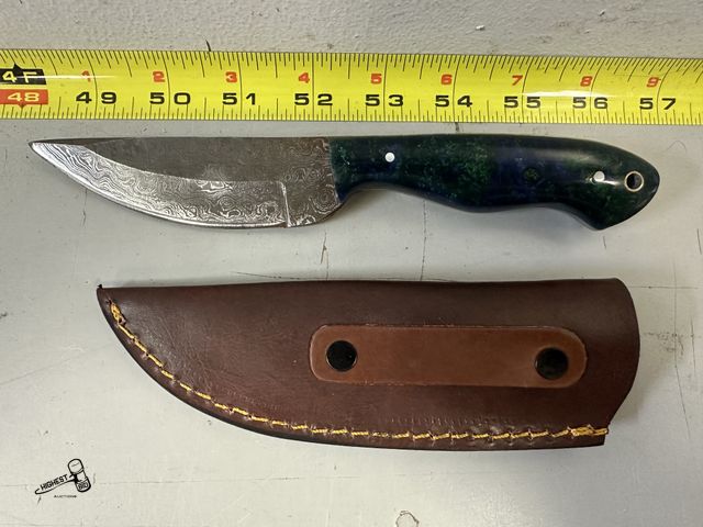 Lot 91-8987 - 8" DAMASCUS KNIVE WITH LEATHER CASE