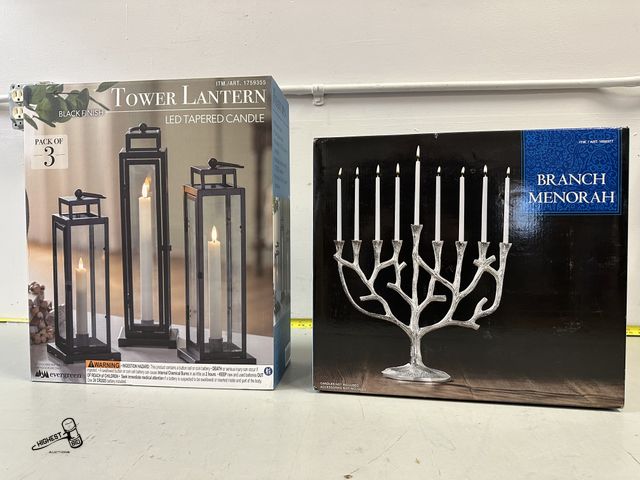 Lot 91-10467 - BLACK FINISH TOWER LANTERNS LED TAPPED CANDLES PACK OF 3 &amp; BRANCH MENORAH CANDLE STAND