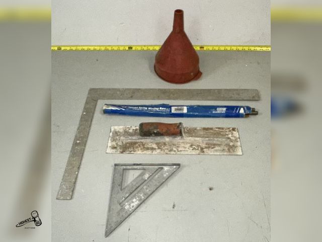 Lot 91-8783 - MISC TOOLS - SQUARE, FUNNEL, TRY SQUARE, CEMENT TROWEL &amp; 1/2" TORSION SPRING WINDING BARS (QTY 2...