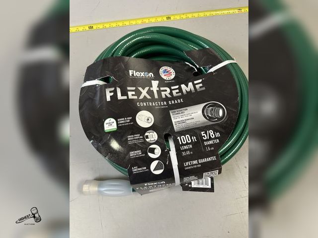 Lot 91-6963 - FLEXON 5/8" X 100' CONTRACTOR GRADE HOSE WITH GUARD AND GRIP - ANTI KINK SPINNER COUPLING - CRUSH RE...