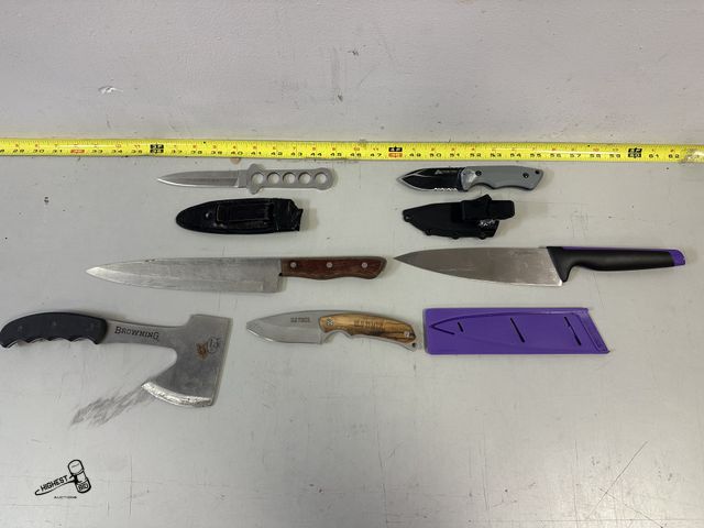 Lot 91-9667 - 6 PIECE KNIFE AND AXE SET: 7" OZARK TRAIL KNIFE WITH CASE, 8 1/2" FURY DOUBLE EDGE WITH CASE,8" OLDT...