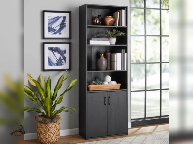 Lot 91-9511 - New MSRP $ 69.88 Mainstays Traditional 5 Shelf Bookcase with Doors, Black Finish - Assembled Dimensi...