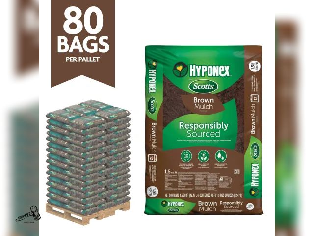 Lot 91-9803 - MSRP $398.00 NEW Hyponex by Scotts Brown Mulch, Bulk Mulch Pallet, 1.5 cu. ft., Pallet of 80