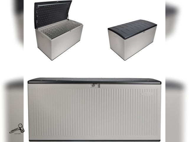 Lot 91-10212 - MSRP $219.99 Suncast 160-Gal. Resin Extra-Large Outdoor Patio Deck Box with Pad-Lockable Lid, Modern...