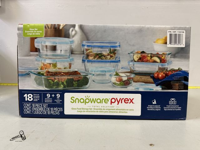 Lot 91-8526 - SNAPWARE PYREX 18 PIECE SET GLASS FOOD STORAGE SET - SET IS IN BROWN BOX NEW