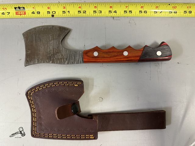 Lot 91-8998 - 9" DAMASCUS HATCHET / KNIVE WITH LEATHER CASE