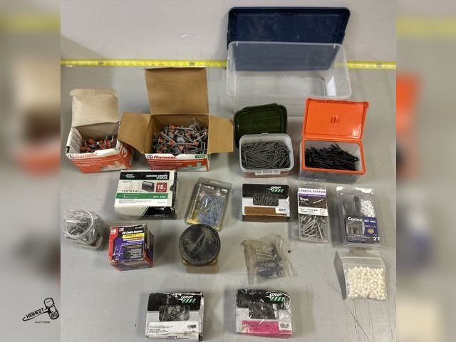 Lot 91-9004 - 15 ASSORTED PACKAGES/BOXES OF SCREWS, HARDWARE WITH PLASTIC BIN &amp; LID