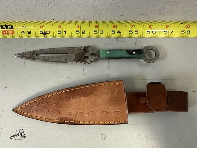 Lot 91-8995 - 8" DAMASCUS KNIVE WITH LEATHER CASE