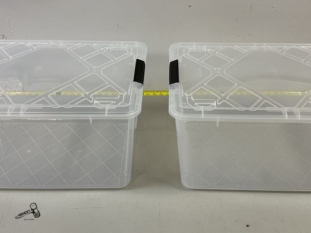 Lot 91-8683 - 2 - 45 QUART CLEAR PLASTIC STORAGE BINS WITH LIDS AND SNAP LOCK HANDLES