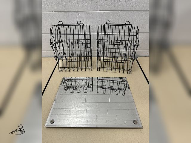 Lot 91-8211 - 2 METAL WIRE RACKS &amp; WALL MIRROR 18" X 24"