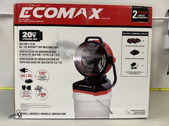Lot 91-8703 - ECOMAX AC / DC BUCKET TOP MISTING FAN INCLUDES 2 BATTERYS, 1 CHARGER &amp; AC POWER ADAPTER - WORKS ...