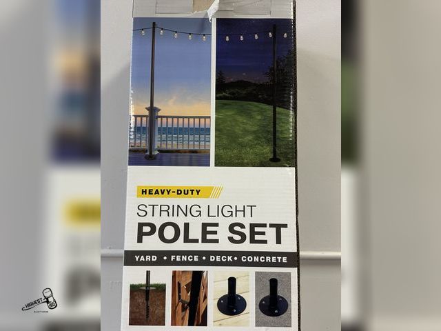 Lot 91-9437 - New MSRP $ 84.99 HEAVY DUTY STRING LIGHT 10FT POLE SET - POWDER COATED BLACK STEEL POLES - UNIVERSAL...
