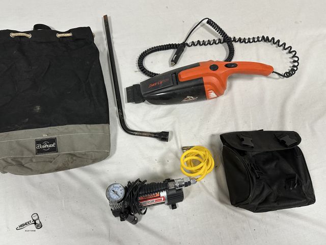 Lot 91-7588 - ARMOR ALL 12 VOLT CAR VAC &amp; PITTSBURG 100PSI HIGH VOLUME INFLATOR - TIRE IRON - BOWHURST BACK PA...