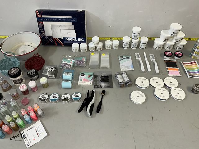 Lot 91-8379 - New TABLE FULL OF CRAFTING &amp; SCRAPBOOK SUPPLIES - CANS OF PASTE, GEL, WAX, PEARLS &amp; MUCH MOR...