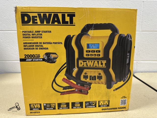Lot 91-6353 - DEWALT PORTABLE JUMP STARTER - 2000 PEAK AMP JUMP STARTER - UP TO V8 ENGINES - 120 PSI INFLATOR - 50...