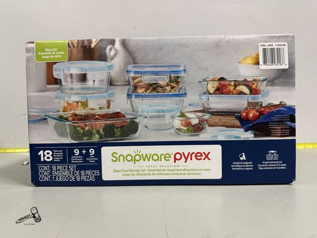 Lot 91-6235 - SNAPWARE PYREX 18 PIECE GLASS FOOD STORAGE SET - AIRTIGHT - LEAK PROOF - 9 CONTAINERS WITH LIDS - RE...