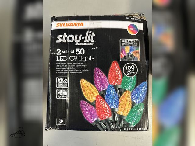 Lot 91-7277 - SLYVANIA STAY-LIT CHRISTMAS LIGHTS - 2 SETS OF 50 LED LIGHTS - MULTI COLOR - 32.6 FEET LIGHTED LENGT...