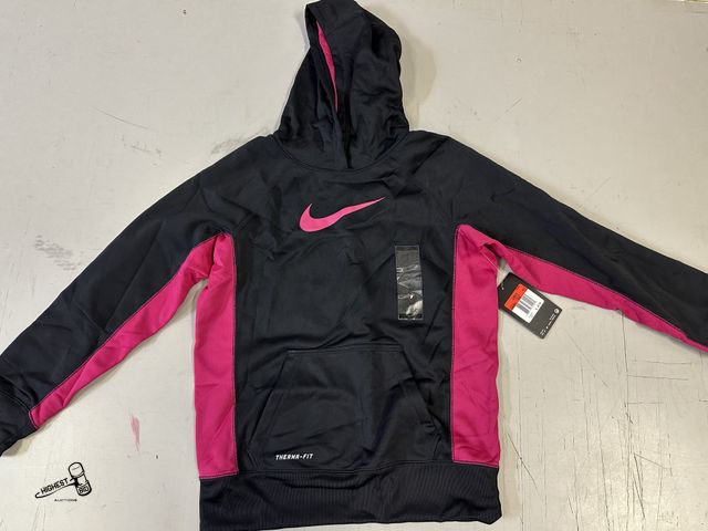 Lot 91-9708 - New KIDS SIZE LARGE BLACK AND PINK NIKE HOODIE