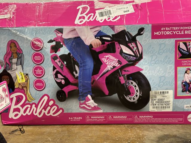 Lot 91-9776 - New MSRP $118.00 6V Barbie Motorcycle Ride on, Max 1 mph, for Kids Ages 3+ Years, by Flybar