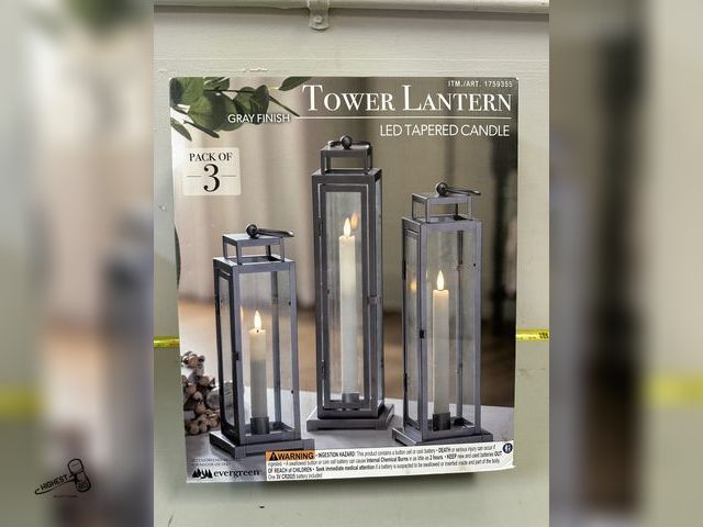 Lot 91-6240 - EVERGREEN TOWER LANTER GRAY FINISH LED TAPERED CANDLE - ALL STEEL FRAME - FOUR GLASS SIDES - INCLUDE...