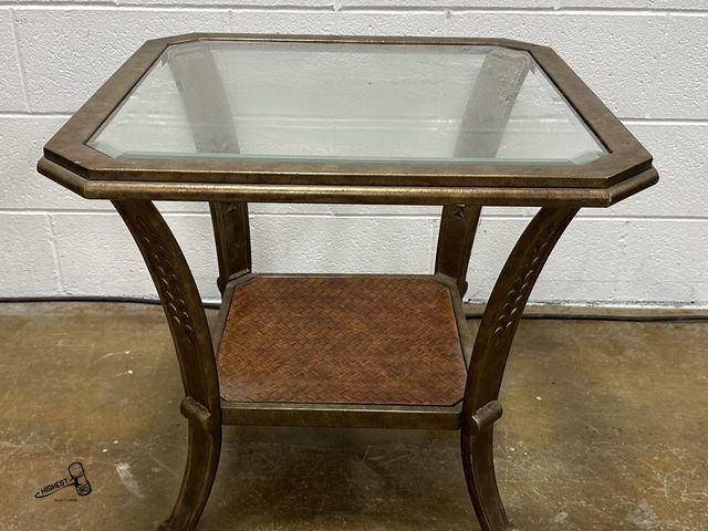 Lot 91-9465 - METAL BEVELED GLASS TOP TABLE WITH DECORATIVE LOWER SHELF 26" X 26"