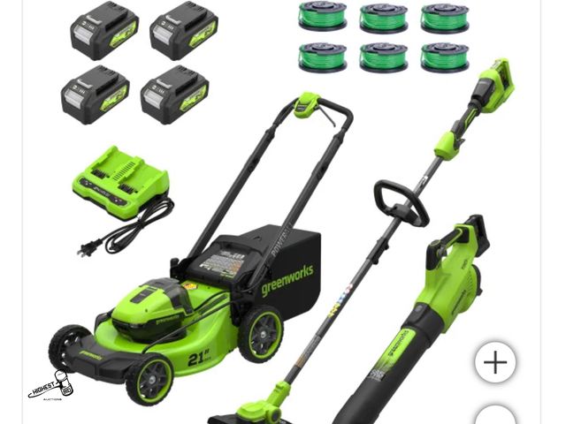 Lot 91-6528 - GREENWORKS 1383202 Push Mower GREENWORKS 2X24V MOWER, TRIMMER, BLOWER COMBO KIT WITH 4Ah BATTERIES -...