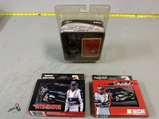 Lot 91-8080 - DALE EARNHARDT &amp; JR SHOT GLASS AND PLAYING CARD GIFT SET IN A COLLECTIBLE TIN &amp; 2 SETS OF TW...