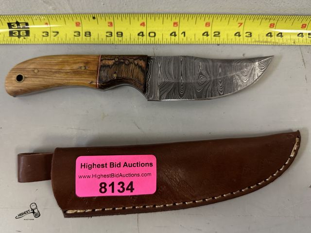 Lot 91-8134 - 8" DEMASCUS KNIFE WITH LEATHER CASE