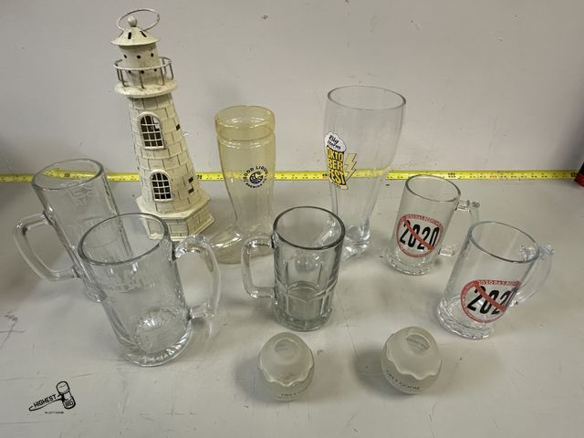 Lot 91-8225 - GLASS BEER MUGS &amp; LIGHT HOUSE &amp; GRAY GOOSE GLASS CANDLE HOLDERS