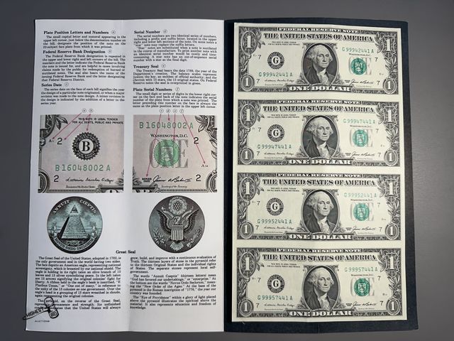 Lot 91-6533 - A SHEET OF FOUR UNCUT 1985 SERIES $1 FEDERAL RESERVE NOTES - UNCIRCULATED - BUREAU OF ENGRAVING &amp...