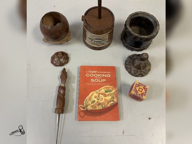 Lot 91-8831 - VINTAGE HOME DECOR - WOODEN BUTTER CHURN, CAMPBELL COOKBOOK, LETTER OPENER &amp; MORE