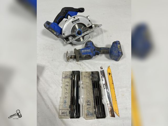 Lot 91-7709 - 2 KOBALT 24 VOLT TOOLS - 6 1/2" CIRCULAR SAW - ONE HANDED RECIPOCATING SAW WITH BLADES &amp; 2 BATTE...